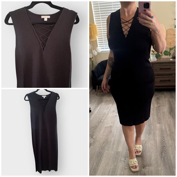 NY&Co black ribbed bodycon midi dress with tie chest accent, size XL - Picture 1 of 11